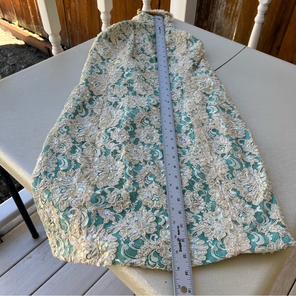 Vintage High-Neck Aqua Midi Dress Lace Overlay with embroidery pearl Size XS - Picture 7 of 9